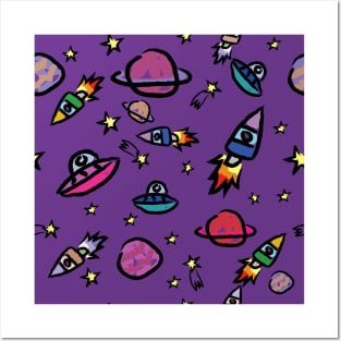 Cute Planets And Rocket Kids Pattern Seamless Posters and Art